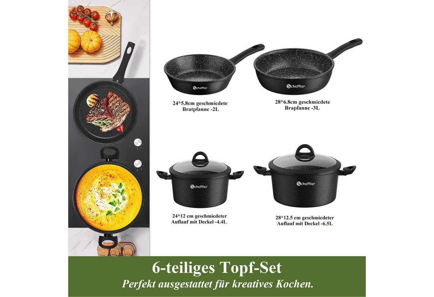 Scheffler Topf-Set Induktions Töpfe Set Schwarze Antihaftbeschichtung mit Glasdeckel, Aluminium (Set, 4-tlg., Ø24 4,4L/Ø28 6,5L Töpfe,24 5,8cm/28 6,8cm Pfanne), – Bild 2 von 5