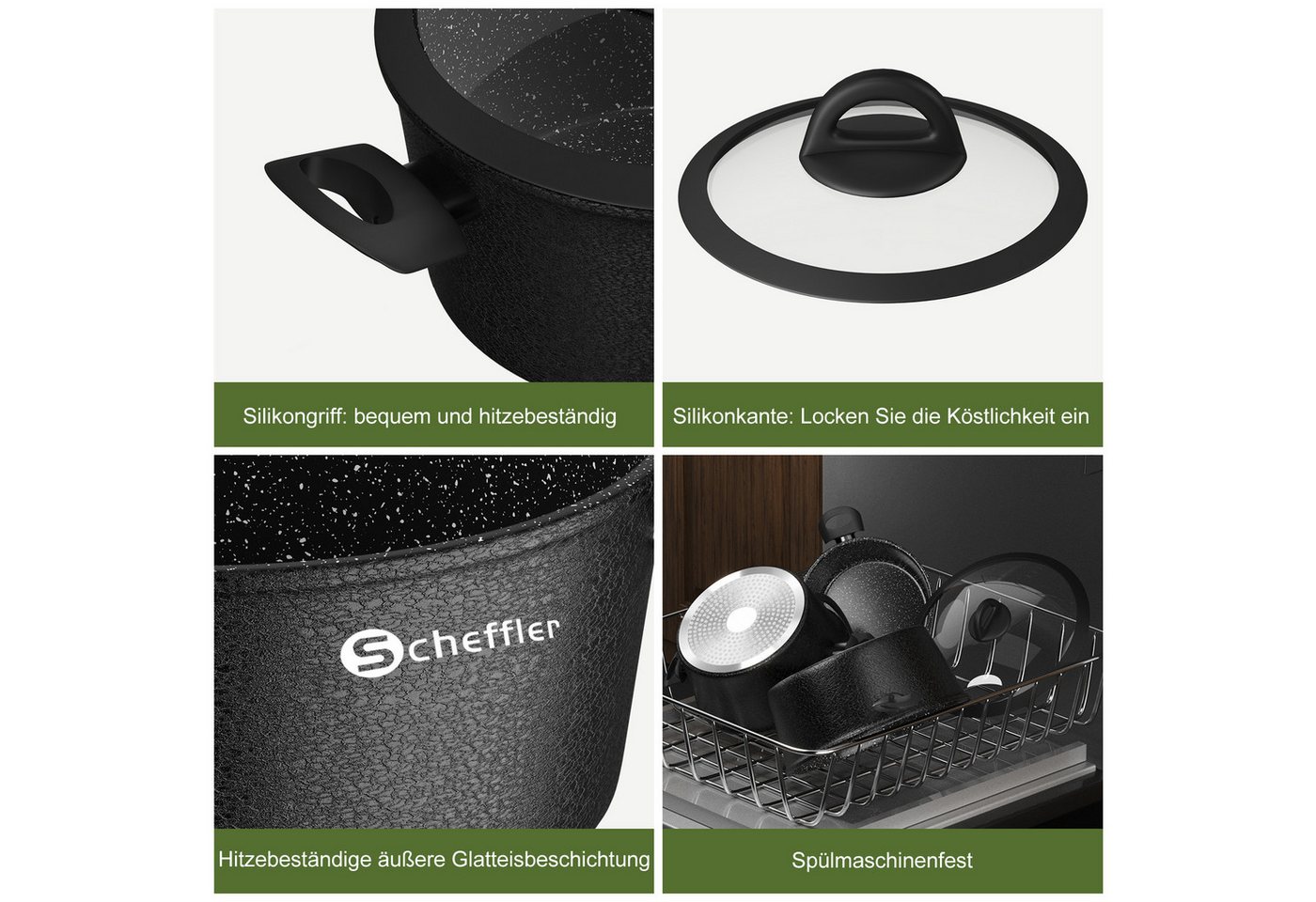 Scheffler Topf-Set Induktions Töpfe Set Schwarze Antihaftbeschichtung mit Glasdeckel, Aluminium (Set, 4-tlg., Ø24 4,4L/Ø28 6,5L Töpfe,24 5,8cm/28 6,8cm Pfanne), – Bild 5 von 5