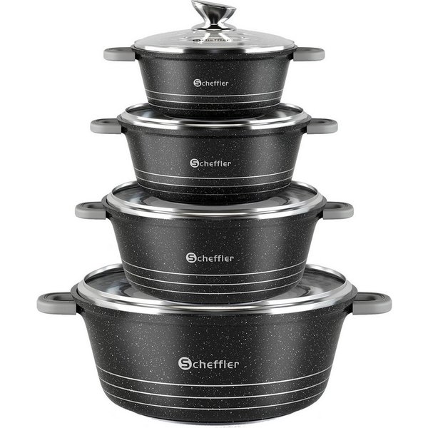 Scheffler Topf-Set Kochtopf Set Induktions Antihaftbeschichtung Töpfe Set mit Glasdeckel, Aluminium (2,2/4/6/10L, 4-tlg., Topf), Induktionsgeeignet