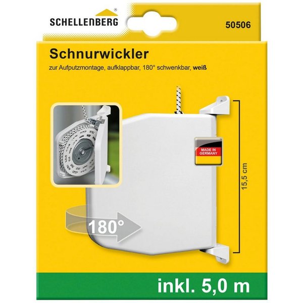 SCHELLENBERG Aufputz-Gurtwickler Rollladen-Schnurrwickler aufklappbar zum aufschrauben, 180° schwenkbar, inkl. Schnur, 5 m