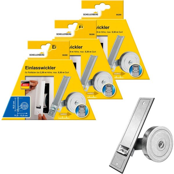 SCHELLENBERG Einlass-Gurtwickler für das Rollladensystem Maxi, Lochabstand 16 cm, Unterputz-Montage, Gurtbreite 23 mm, Set, 3-tlg., für Rollladengurte mit 23 mm