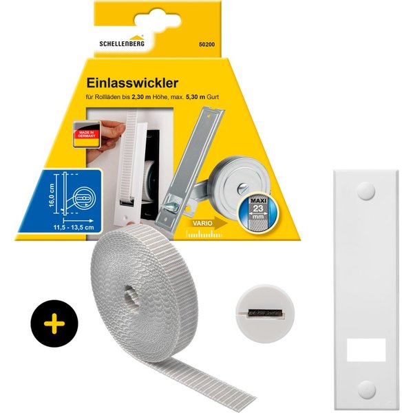 SCHELLENBERG Einlass-Gurtwickler inkl. Abdeckplatte, Gurtführung, Rollladengurt grau oder weiß, Set, 1-tlg., Unterputz Gurtwickler 16 cm Lochabstand für das Rol