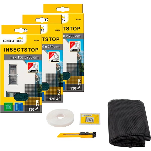 SCHELLENBERG Fliegengitter-Gewebe für bodentiefe Fenster und Türen, (Set, 3-St), Insektenschutz ohne bohren, 130 x 230 cm, weiß und anthrazit