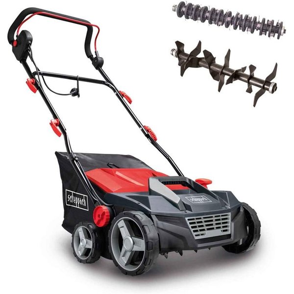 Scheppach Elektro-Vertikutierer / Lüfter SC38, 38 cm Arbeitsbreite, (Set, 3-tlg), 3-in1: Vertikutierer, Rasenlüfter und Rasenmäher, 1600 W Motorleistung