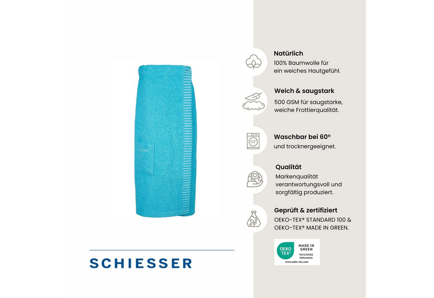 Schiesser Kilt Rom aus weicher Baumwolle, saugstark und 3-fach weitenverstellbar, Kurzform, Frottier, Knöpfe, OEKO-TEX® MADE IN GREEN – Bild 2 von 5
