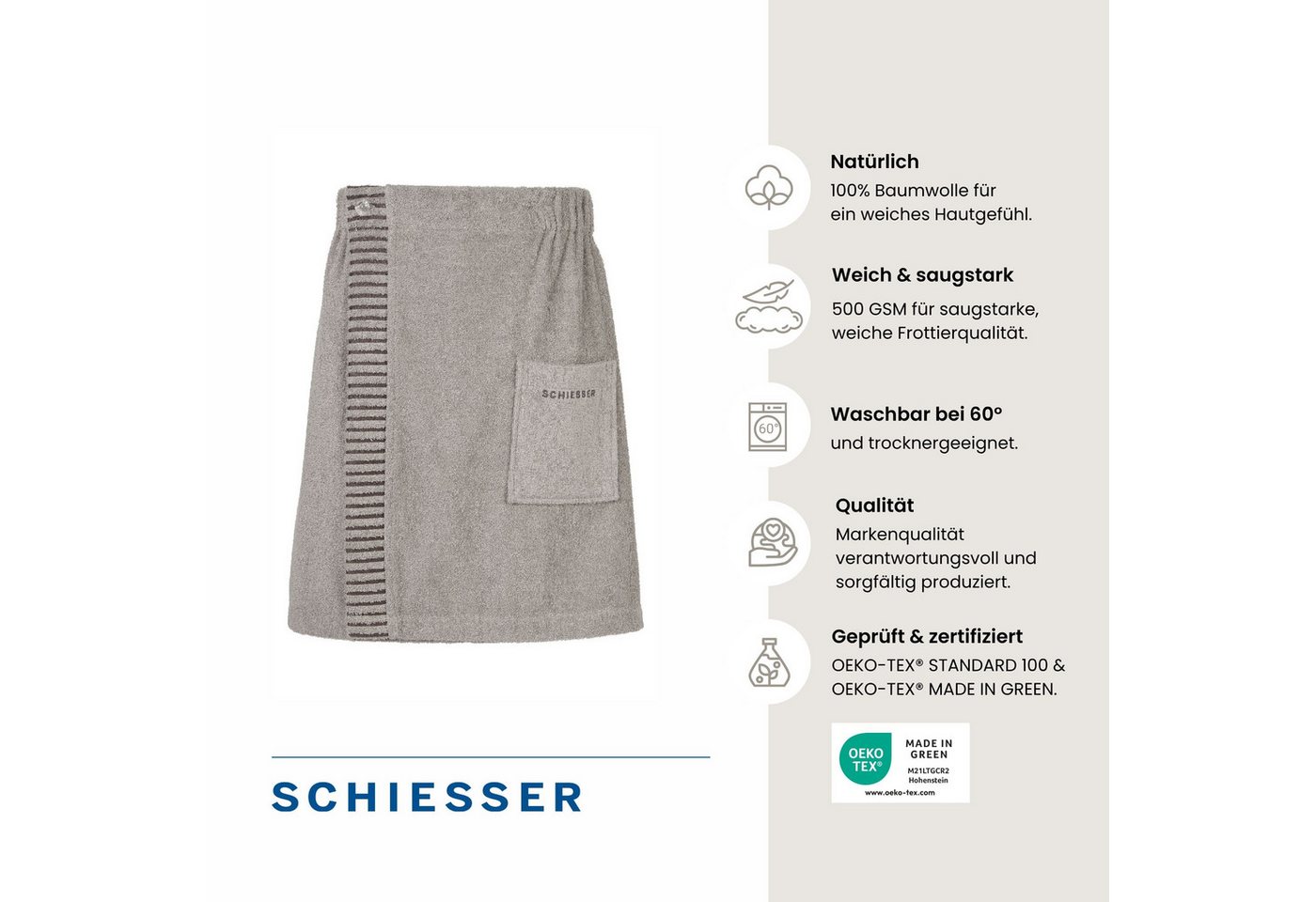 Schiesser Kilt Rom aus weicher Baumwolle, saugstark und 3-fach weitenverstellbar, Kurzform, Frottier, Knöpfe, OEKO-TEX® MADE IN GREEN – Bild 2 von 5