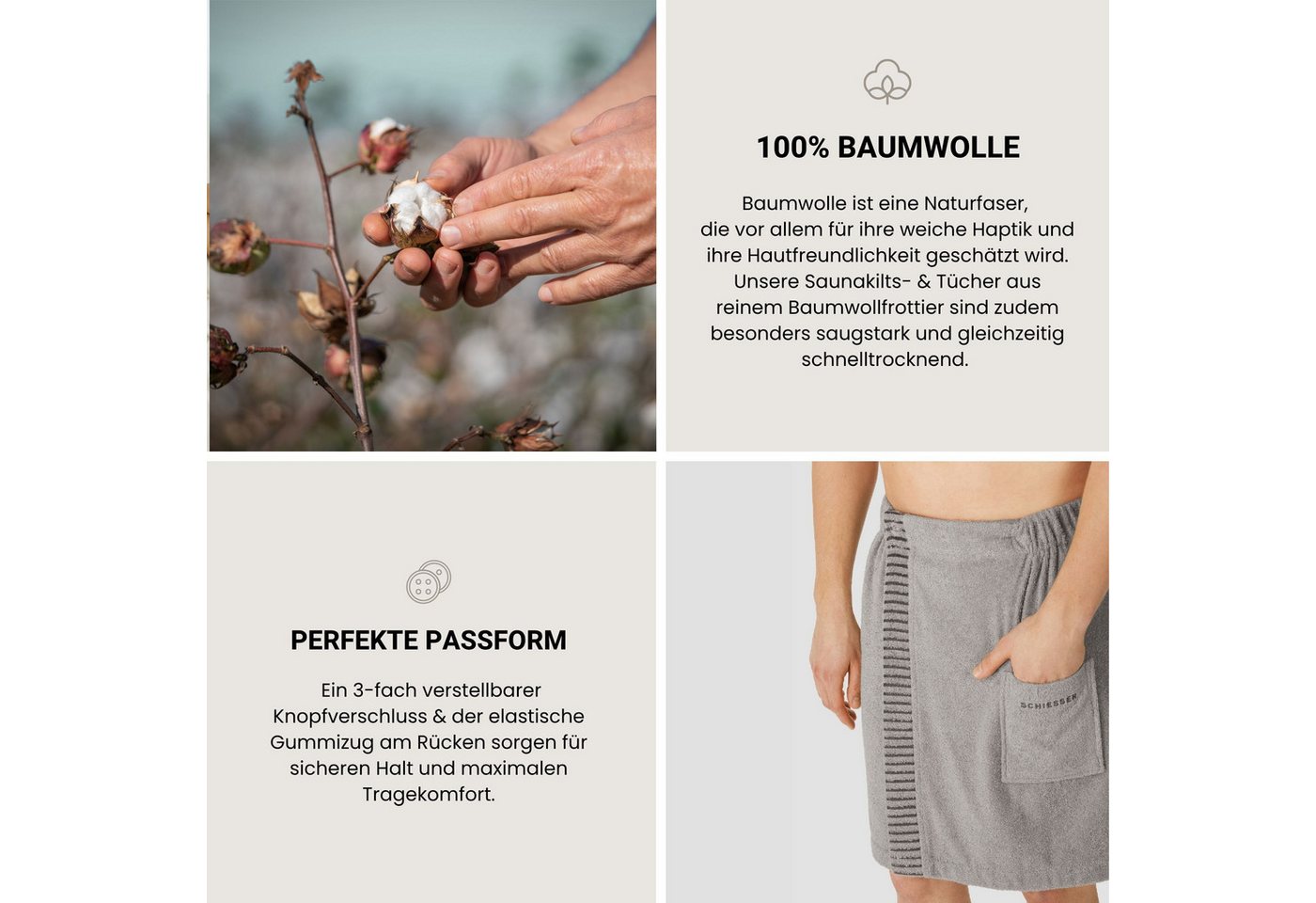 Schiesser Kilt Rom aus weicher Baumwolle, saugstark und 3-fach weitenverstellbar, Kurzform, Frottier, Knöpfe, OEKO-TEX® MADE IN GREEN – Bild 5 von 5