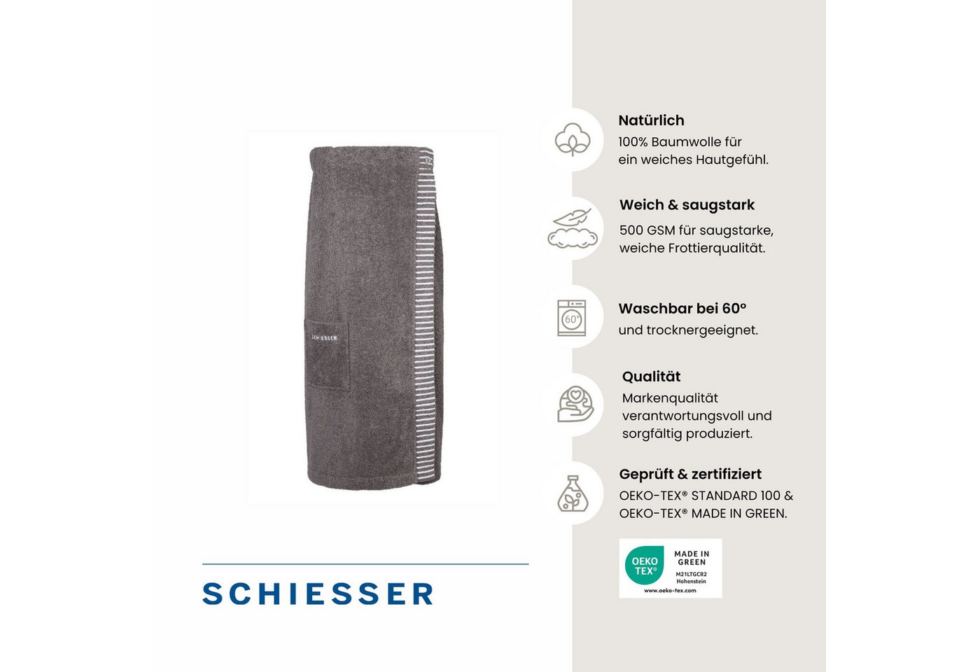 Schiesser Kilt Rom aus weicher Baumwolle, saugstark und 3-fach weitenverstellbar, Kurzform, Frottier, Knöpfe, OEKO-TEX® MADE IN GREEN – Bild 2 von 5