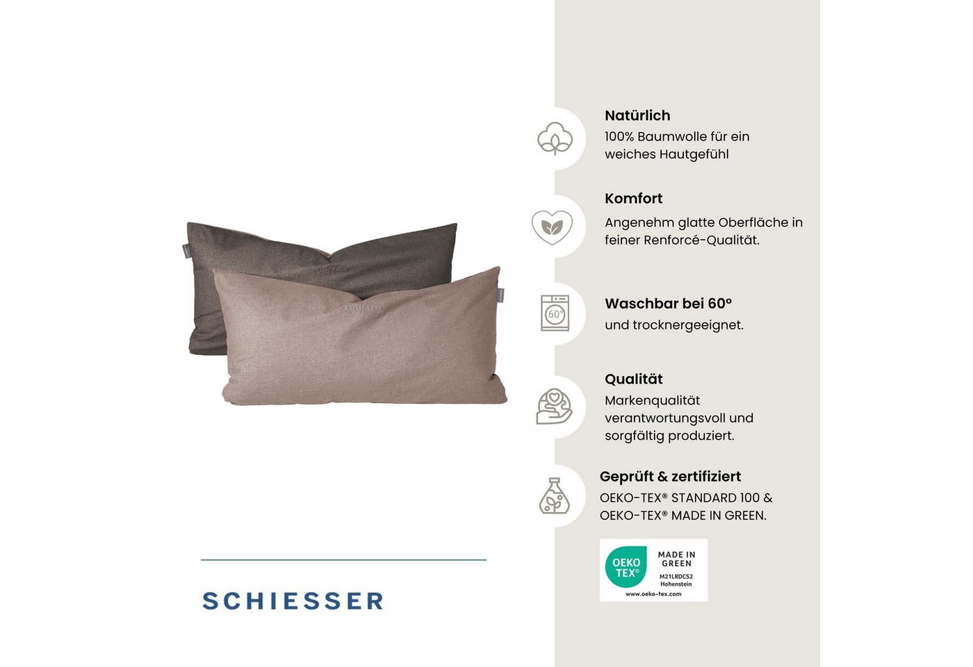 Schiesser Kissenhüllen Doubleface aus weicher Baumwolle mit edlem Melangeeffekt in Wendeoptik, (2 Stück), OEKO-TEX® MADE IN GREEN – Bild 2 von 5