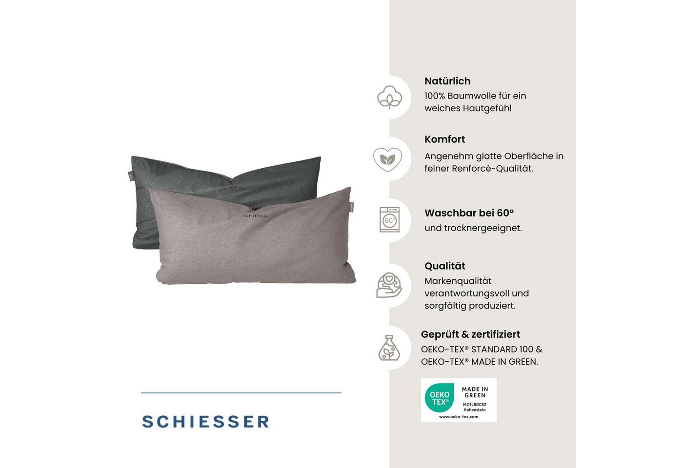 Schiesser Kissenhüllen Doubleface aus weicher Baumwolle mit edlem Melangeeffekt in Wendeoptik, (2 Stück), OEKO-TEX® MADE IN GREEN – Bild 2 von 5