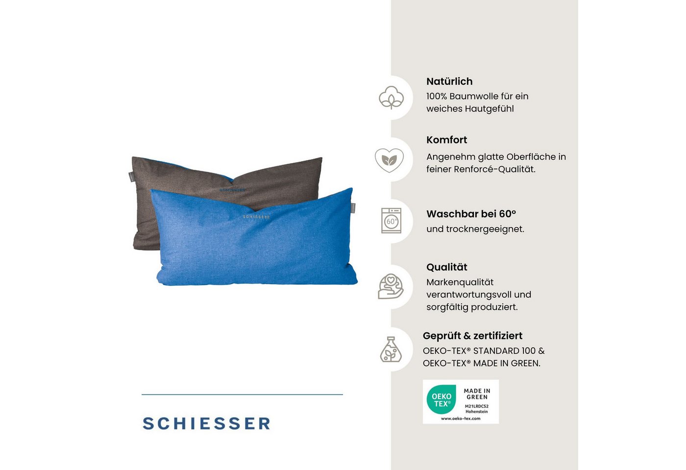 Schiesser Kissenhüllen Doubleface aus weicher Baumwolle mit edlem Melangeeffekt in Wendeoptik, (2 Stück), OEKO-TEX® MADE IN GREEN – Bild 2 von 5