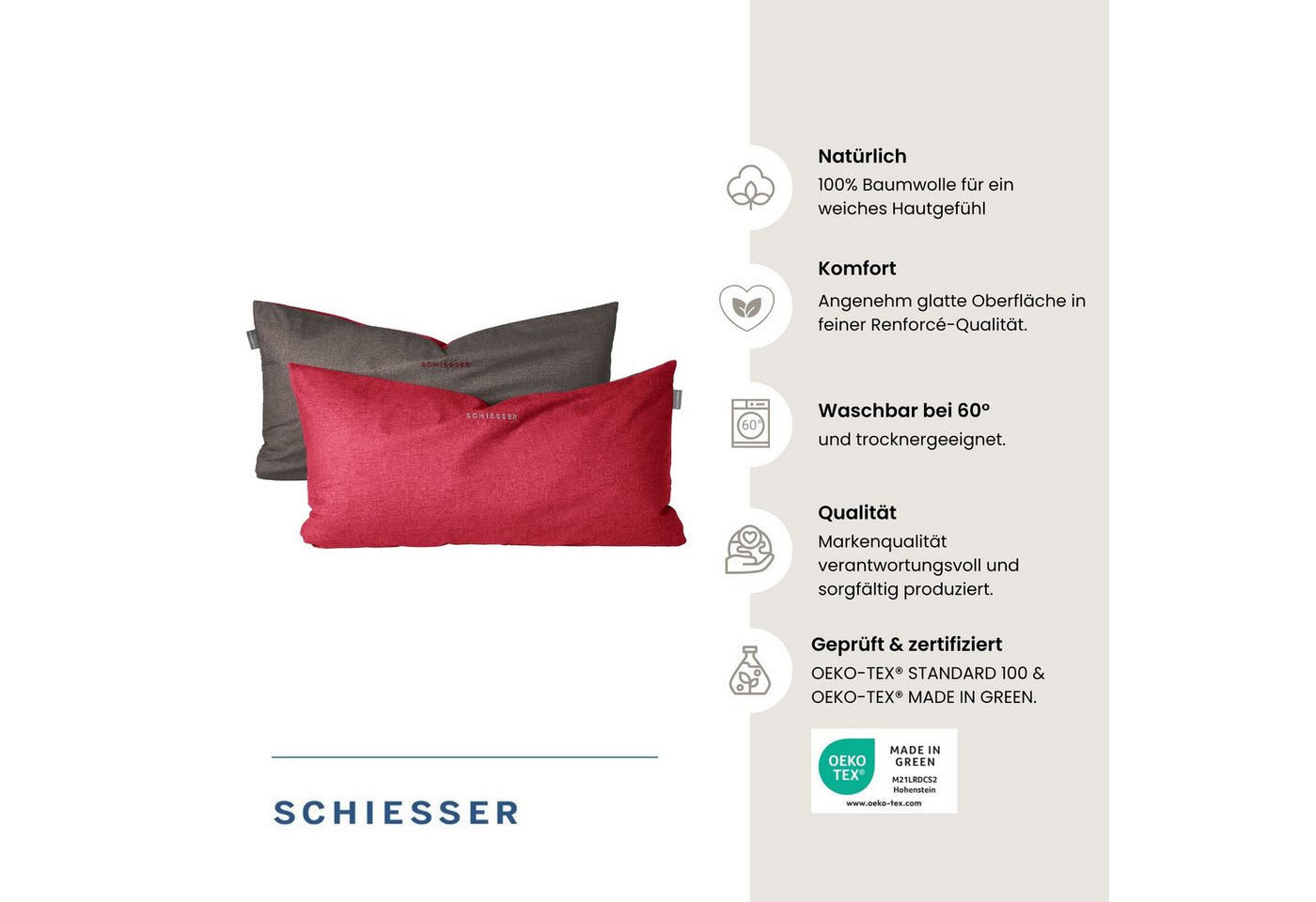 Schiesser Kissenhüllen Doubleface aus weicher Baumwolle mit edlem Melangeeffekt in Wendeoptik, (2 Stück), OEKO-TEX® MADE IN GREEN – Bild 2 von 5
