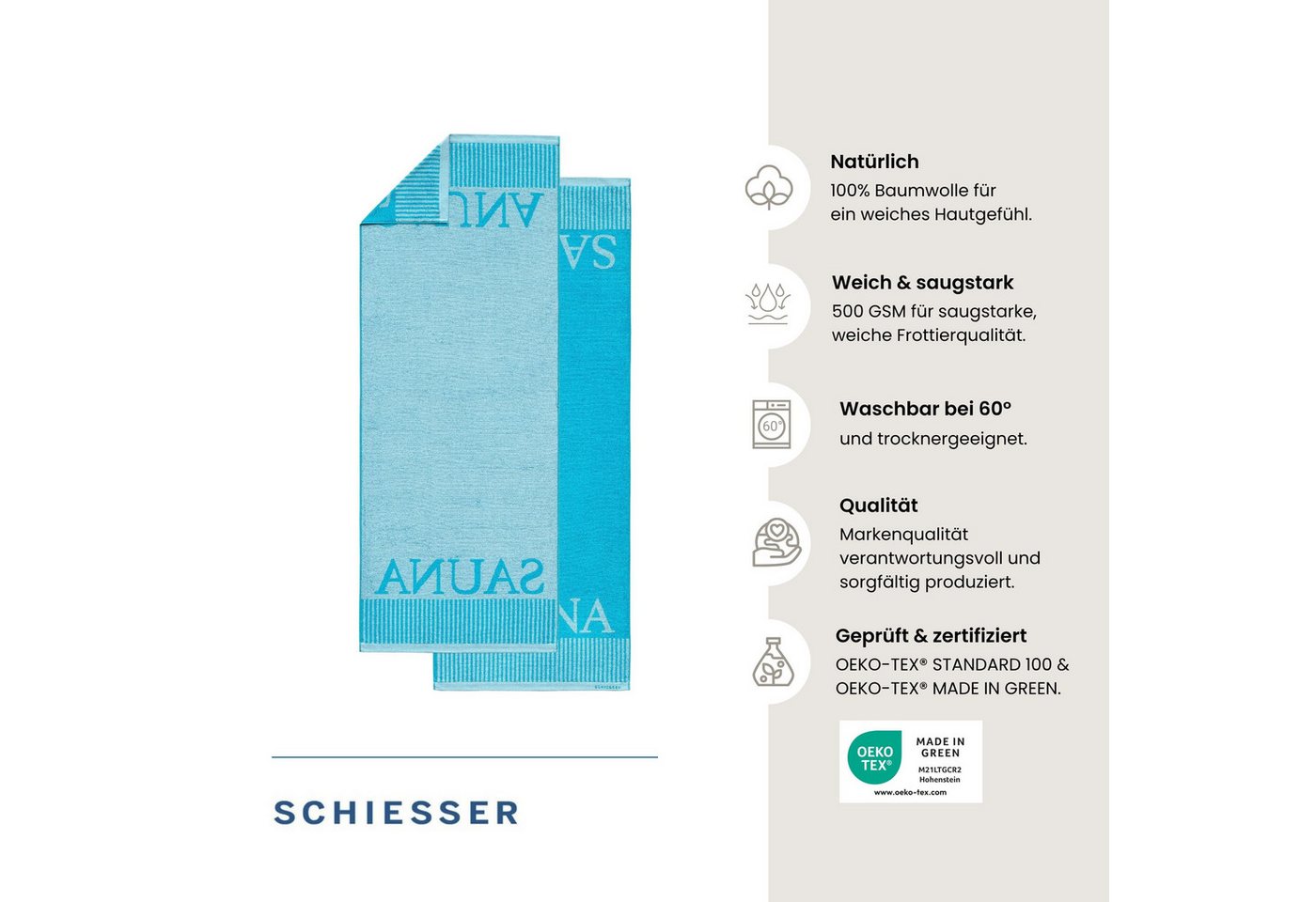 Schiesser Saunatuch Rom aus garngefärbtem, kuschelweichem Baumwollfrottier, Frottier (1-St), OEKO-TEX® MADE IN GREEN – Bild 2 von 5