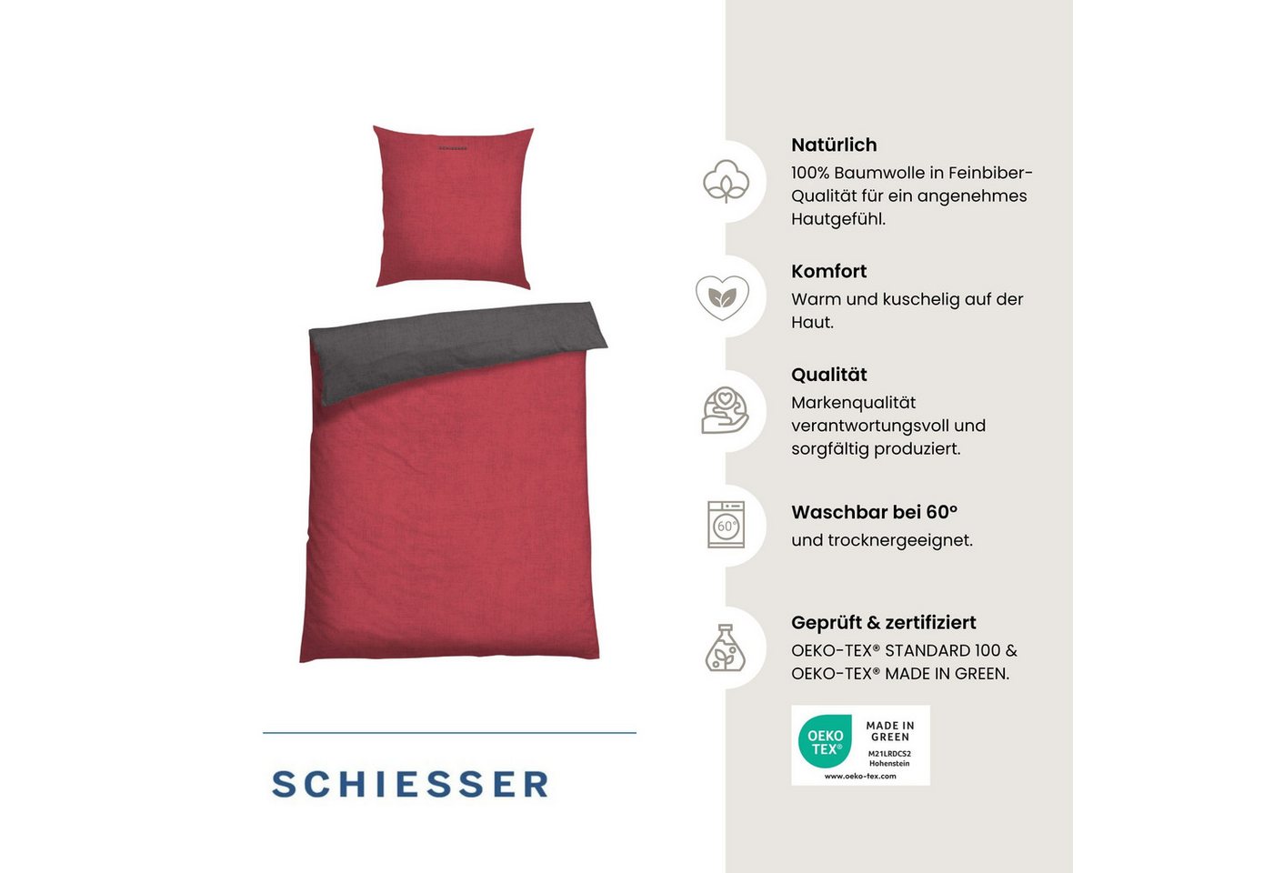 Schiesser Wendebettwäsche Doubleface aus weicher Baumwolle mit edlem Melangeeffekt, Feinbiber, 2 teilig, ab Größe 135x200 cm erhältlich, OEKO-TEX® MADE IN GREEN – Bild 2 von 5