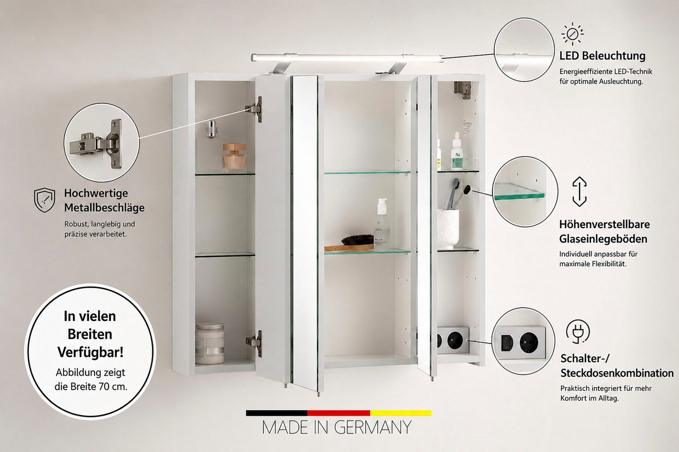 Schildmeyer Spiegelschrank Dorina, Spiegelschrank, Made in Germany, B: 70 cm Solide Verarbeitung - Dieses Produkt ist in Deutschland gefertigt – Bild 3 von 5