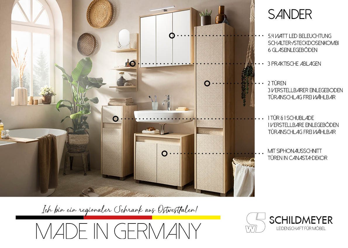 Schildmeyer Waschbeckenunterschrank Sander, Waschbeckenunterschrank, Made in Germany, B: 56,9cm Solide Verarbeitung - Dieses Produkt ist in Deutschland gefertig – Bild 3 von 4