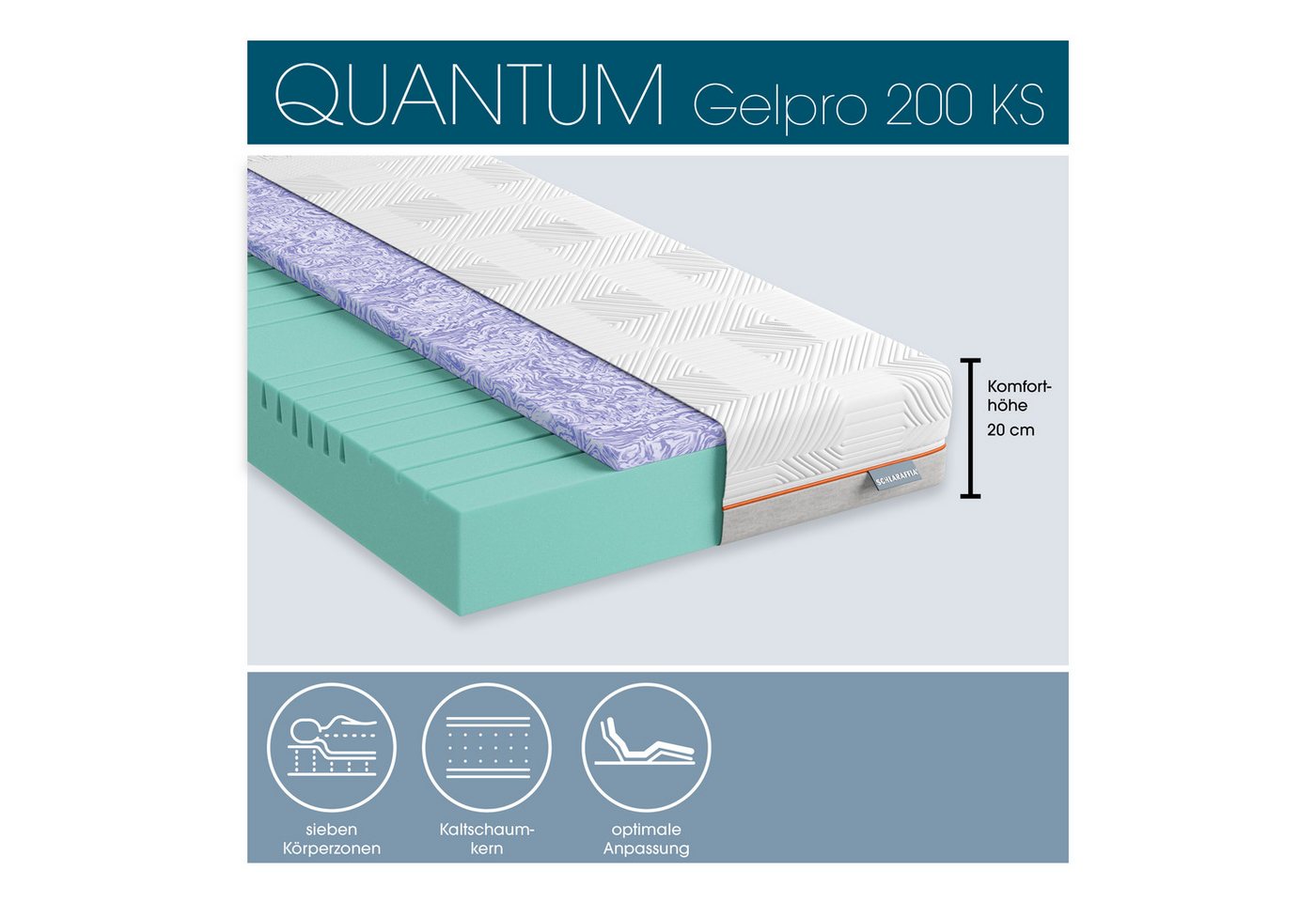 Kaltschaummatratze Matratze, 7 Zonen, GelPro Quantum 200, Kaltschaummatratze 90x200 cm, Schlaraffia, 20 cm hoch, Gelschaumauflage, patentierte Rhombo-therm Tech – Bild 3 von 5
