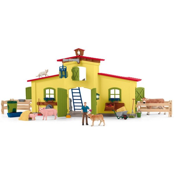 Schleich® Spielwelt FARM WORLD, Großer Stall mit Tieren und Zubehör (42605), (64-tlg)