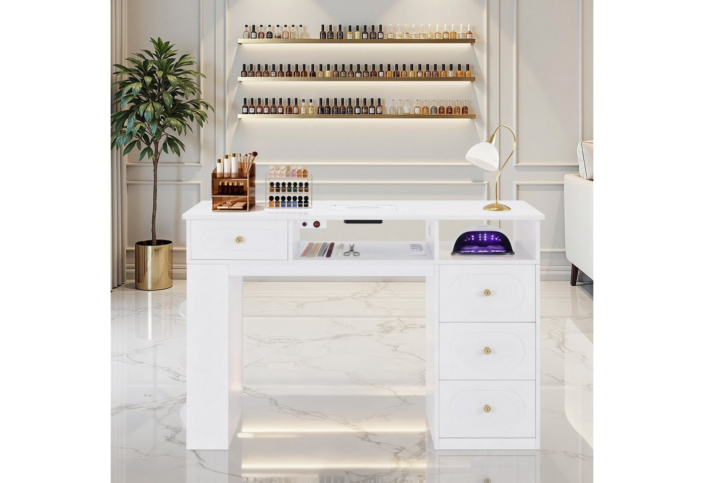 Barberpub Schminktisch BarberPub Maniküretisch, Nageltisch mit Absaugung Weiß, 2442-N, mit 4 Schubladen, Regal, 2 Ablagen & Glasplatte, Holz – Bild 2 von 5