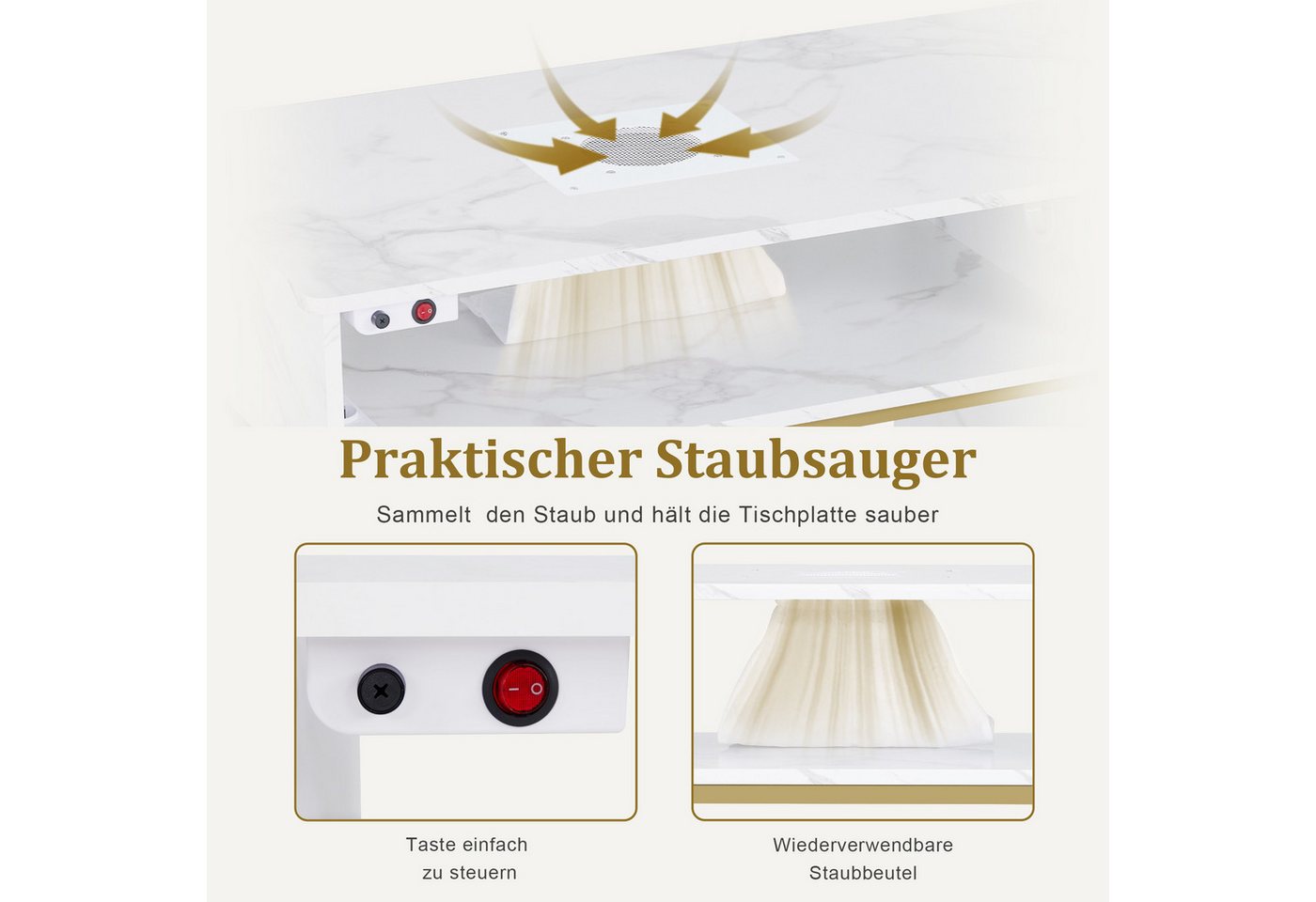 Barberpub Schminktisch BarberPub Maniküretisch, Nageltisch mit Absaugung, Marmor-Weiß, 2491, 3 Steckdosen, 2 Staubsaugerbeuteln, Nagelfrisiertisch – Bild 4 von 5