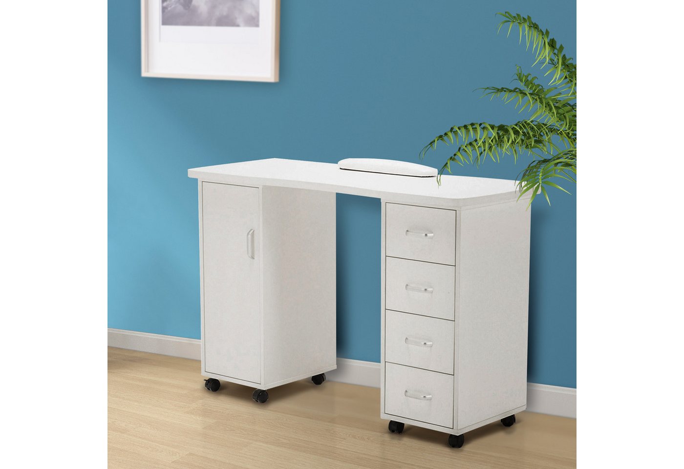 Barberpub Schminktisch Barberpub Studiotisch Manikürtisch Nageltisch 0600, mit Schubladen, mit Schrank, Rollen, MFC, 120 × 47 × 80 cm – Bild 2 von 5