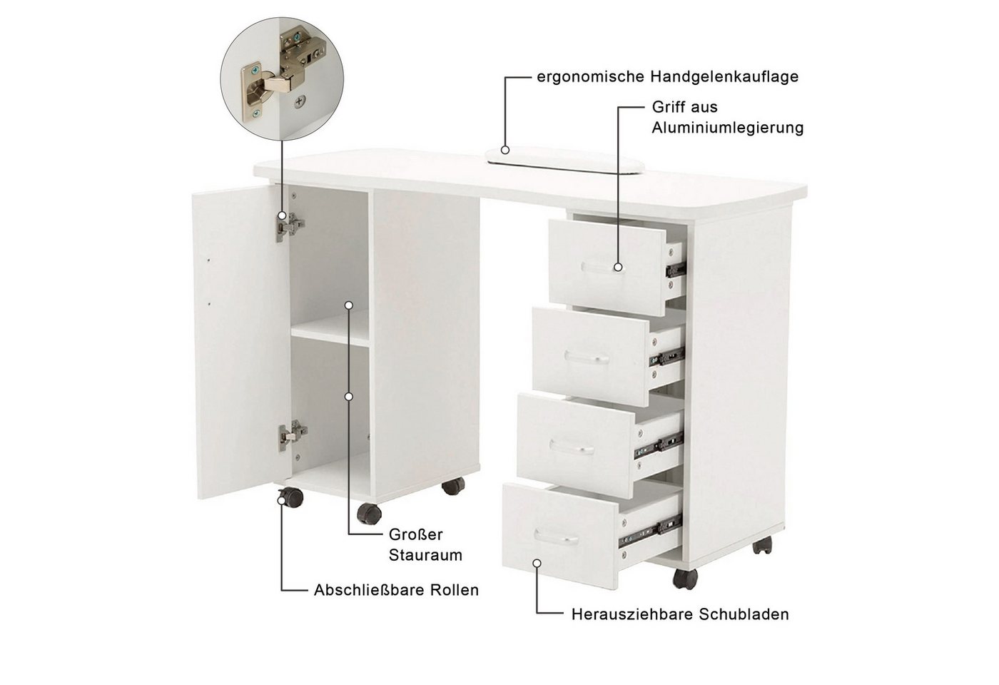 Barberpub Schminktisch Barberpub Studiotisch Manikürtisch Nageltisch 0600, mit Schubladen, mit Schrank, Rollen, MFC, 120 × 47 × 80 cm – Bild 3 von 5
