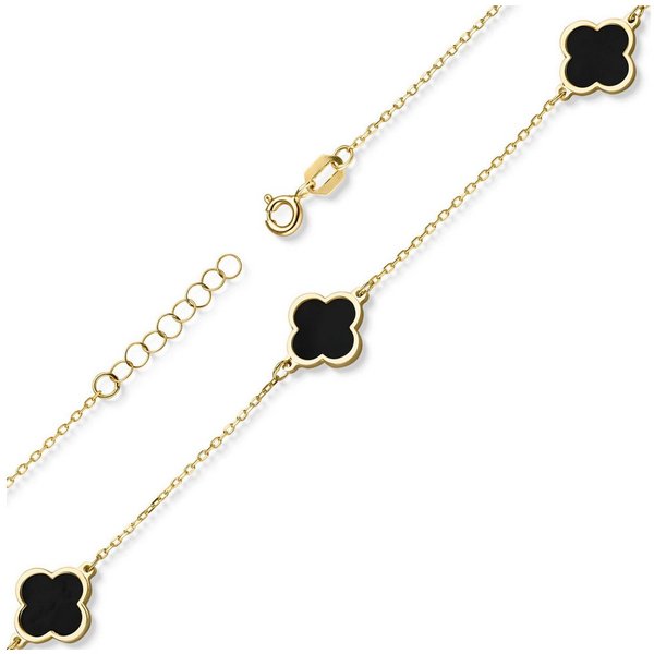 Schmuck Krone Goldarmband Armband 3 Kleeblatt-Blumen mit Onyx 585 Gelbgold 20cm, Gold 585