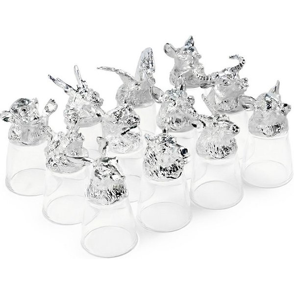 Schnapsglas Minibar Kippgläser 12 Stk 30 ml Chinesisches Horoskop Silber Metall, 12-tlg., Metall