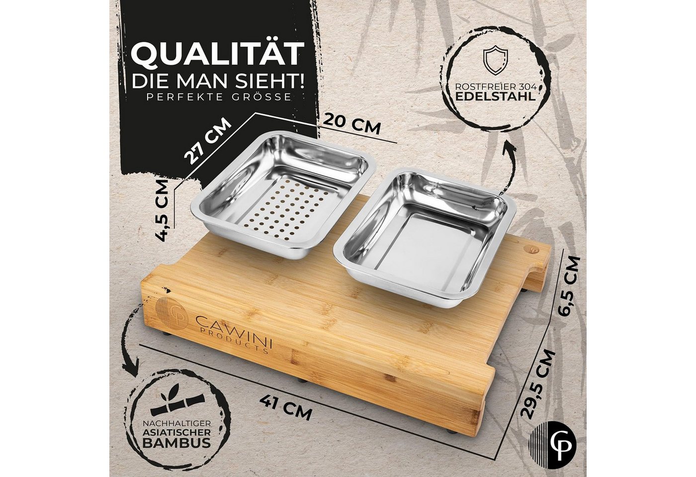 CAWINI Schneidebrett CAWINI Premium Bambus-Schneidebrett Set mit Auffangschalen & Bürste, Bambus, (XXXL Premium Frühstücksbrett-Set aus Bambus mit Auffangschale – Bild 2 von 5