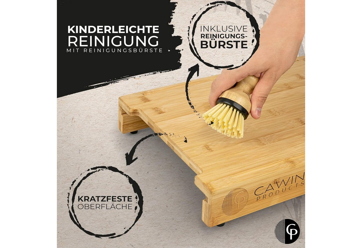 CAWINI Schneidebrett CAWINI Premium Bambus-Schneidebrett Set mit Auffangschalen & Bürste, Bambus, (XXXL Premium Frühstücksbrett-Set aus Bambus mit Auffangschale – Bild 3 von 5