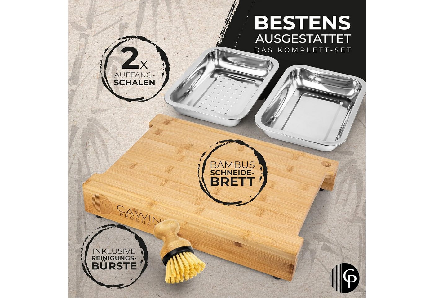 CAWINI Schneidebrett CAWINI Premium Bambus-Schneidebrett Set mit Auffangschalen & Bürste, Bambus, (XXXL Premium Frühstücksbrett-Set aus Bambus mit Auffangschale – Bild 5 von 5