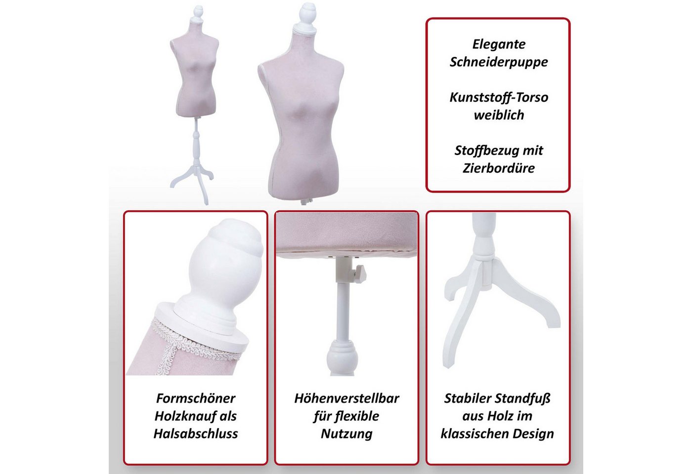 MCW Schneiderpuppe MCW-F20-K, Mit Stoffbezug und dekorativer Zierbordüre – Bild 3 von 5