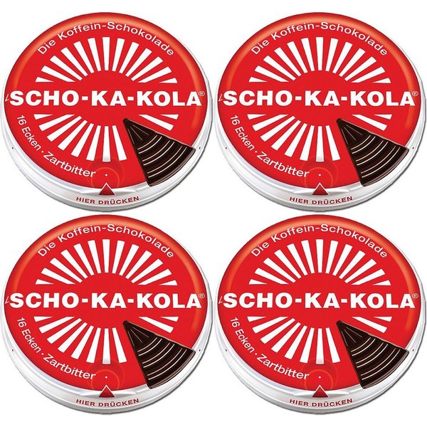 SCHO-KA-KOLA Schokolade, SCHO KA KOLA die Dose mit 16 Ecken Zartbitterschokolade 100g 4er Pack