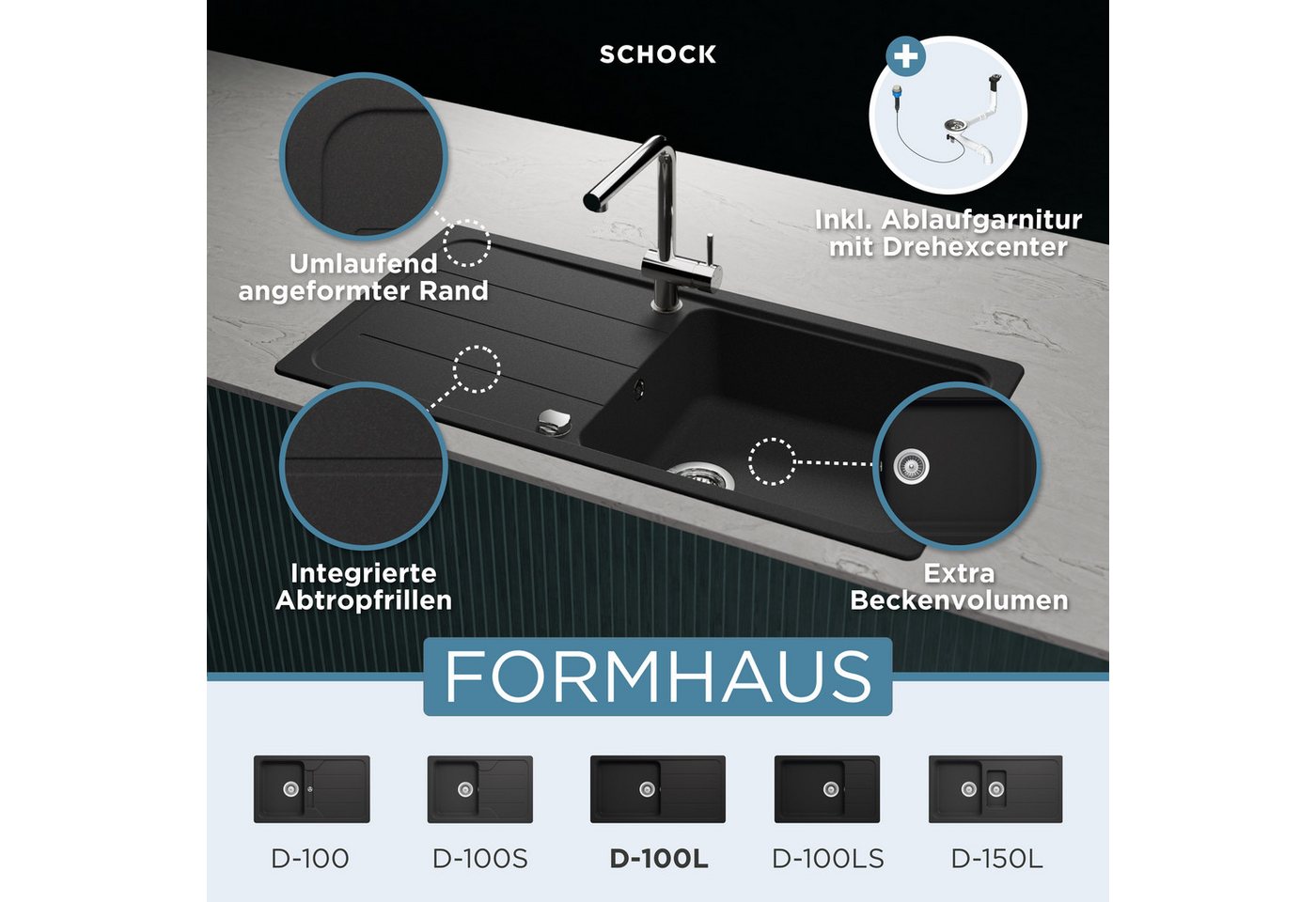 Schock Granitspüle COMO D-100L, eckig, 100/50 cm, Ablauffernbedienung, Inklusive ab- und Überlaufgarnitur, Drehhexcenter, Diamantbohrer – Bild 2 von 5