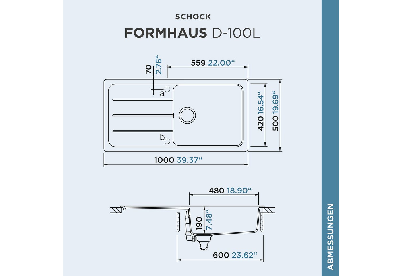 Schock Granitspüle COMO D-100L, eckig, 100/50 cm, Ablauffernbedienung, Inklusive ab- und Überlaufgarnitur, Drehhexcenter, Diamantbohrer – Bild 3 von 5