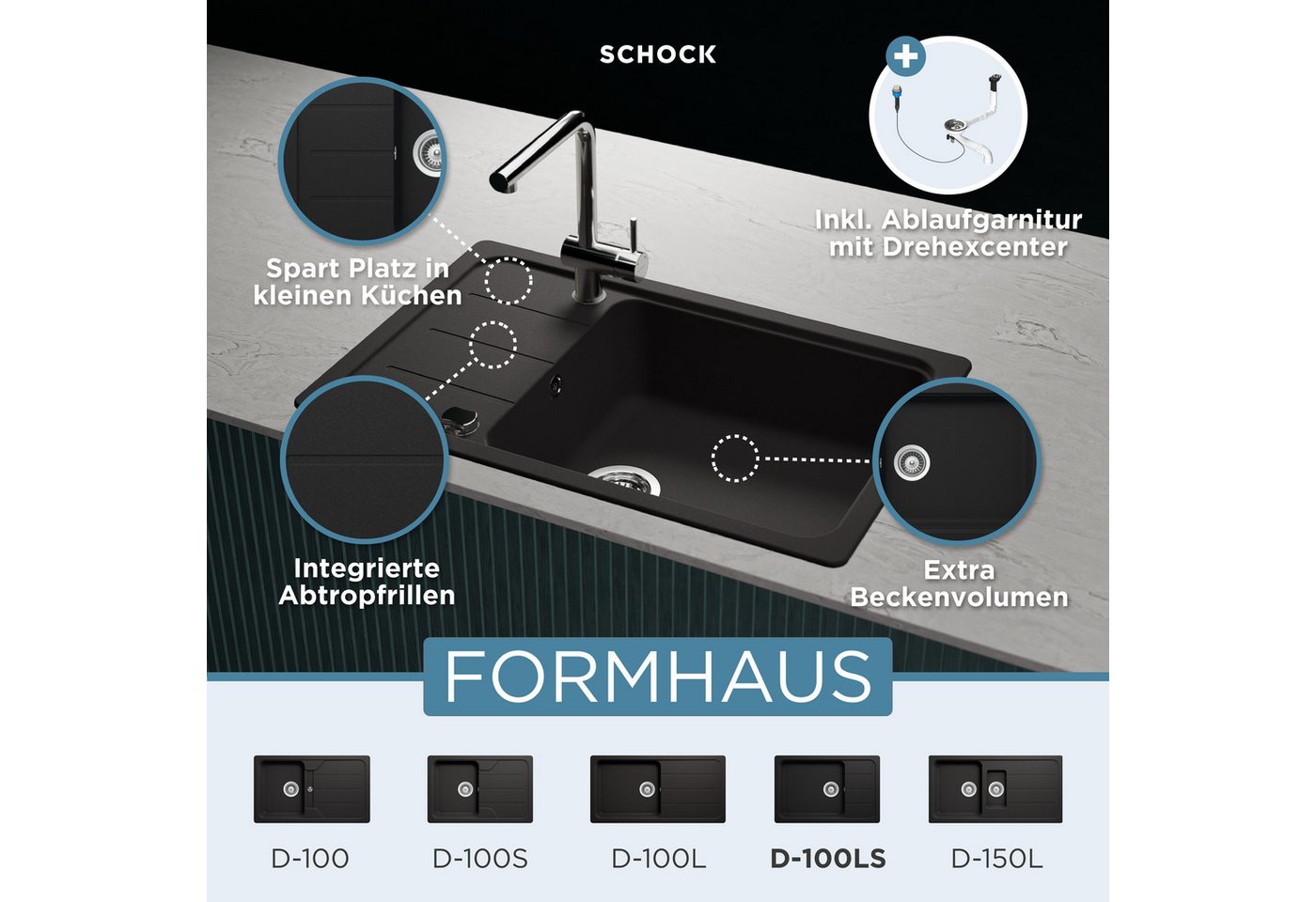 Schock Granitspüle Formhaus D-100LS, eckig, 78/50 cm, für kleine Küchen – Bild 2 von 5