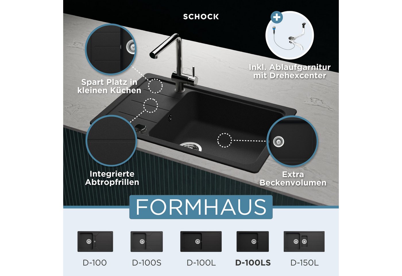 Schock Granitspüle Formhaus D-100LS, eckig, 78/50 cm, für kleine Küchen – Bild 2 von 5