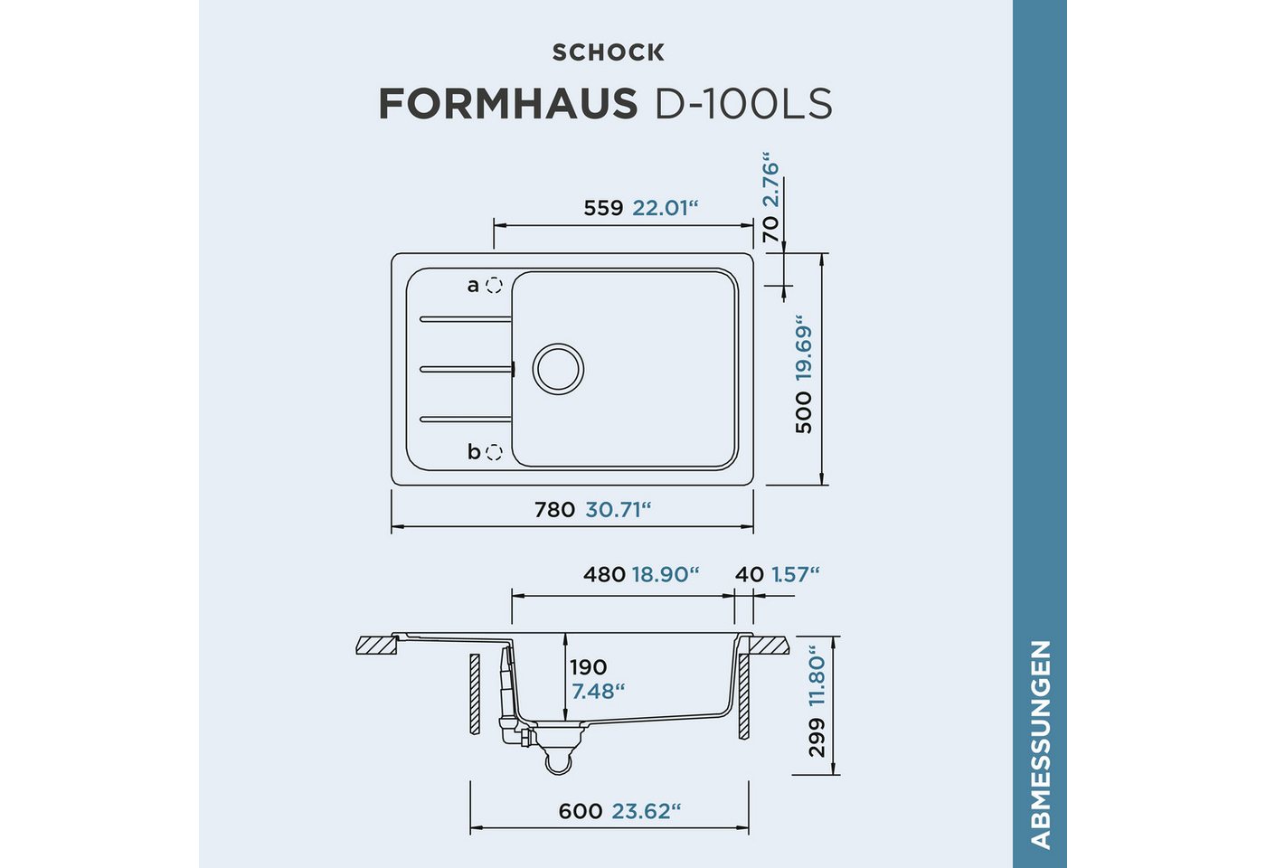 Schock Granitspüle Formhaus D-100LS, eckig, 78/50 cm, für kleine Küchen – Bild 3 von 5