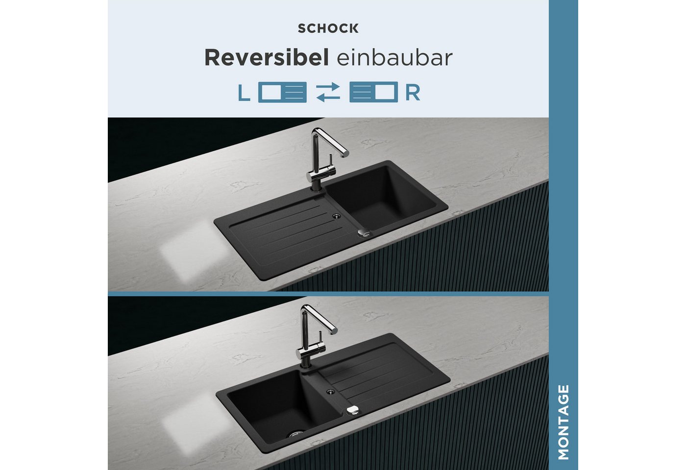Schock Granitspüle Typos D-100 S, rechteckig, 86/43,5 cm, mit Ablauf und Abtropffläche, links und rechts einbaubar – Bild 5 von 5