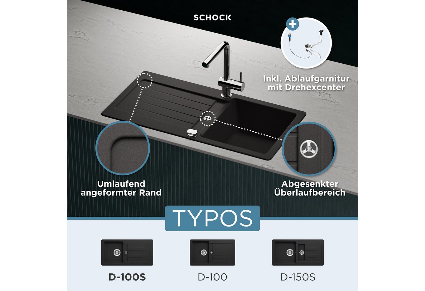 Schock Granitspüle Typos D-100 S, rechteckig, 86/43,5 cm, mit Ablauf und Abtropffläche, links und rechts einbaubar – Bild 2 von 5