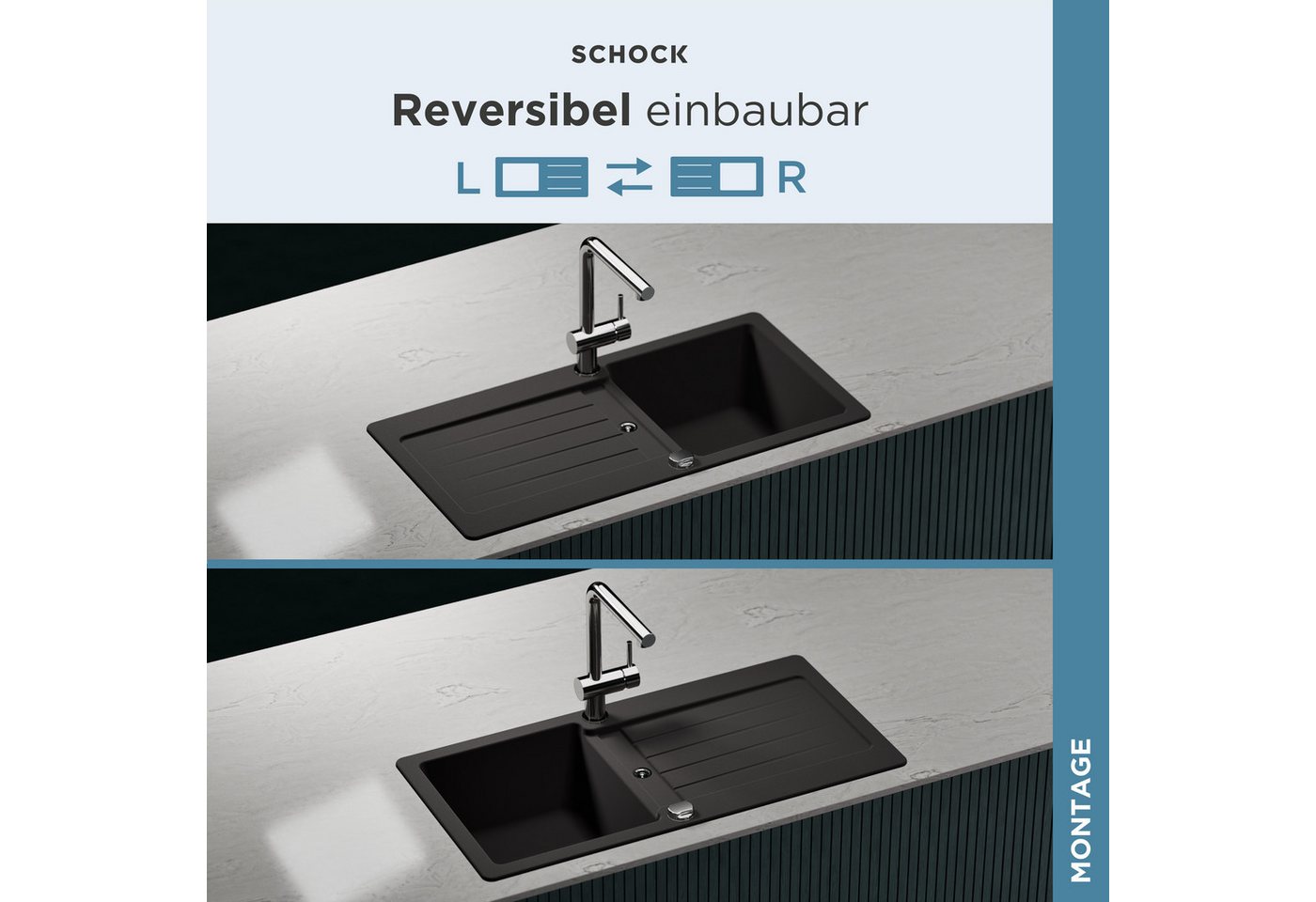 Schock Granitspüle Typos D-100 S, rechteckig, 86/43,5 cm, mit Ablauf und Abtropffläche, links und rechts einbaubar – Bild 5 von 5