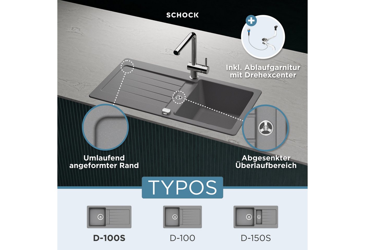 Schock Granitspüle Typos D-100 S, rechteckig, 86/43,5 cm, mit Ablauf und Abtropffläche, links und rechts einbaubar – Bild 2 von 5