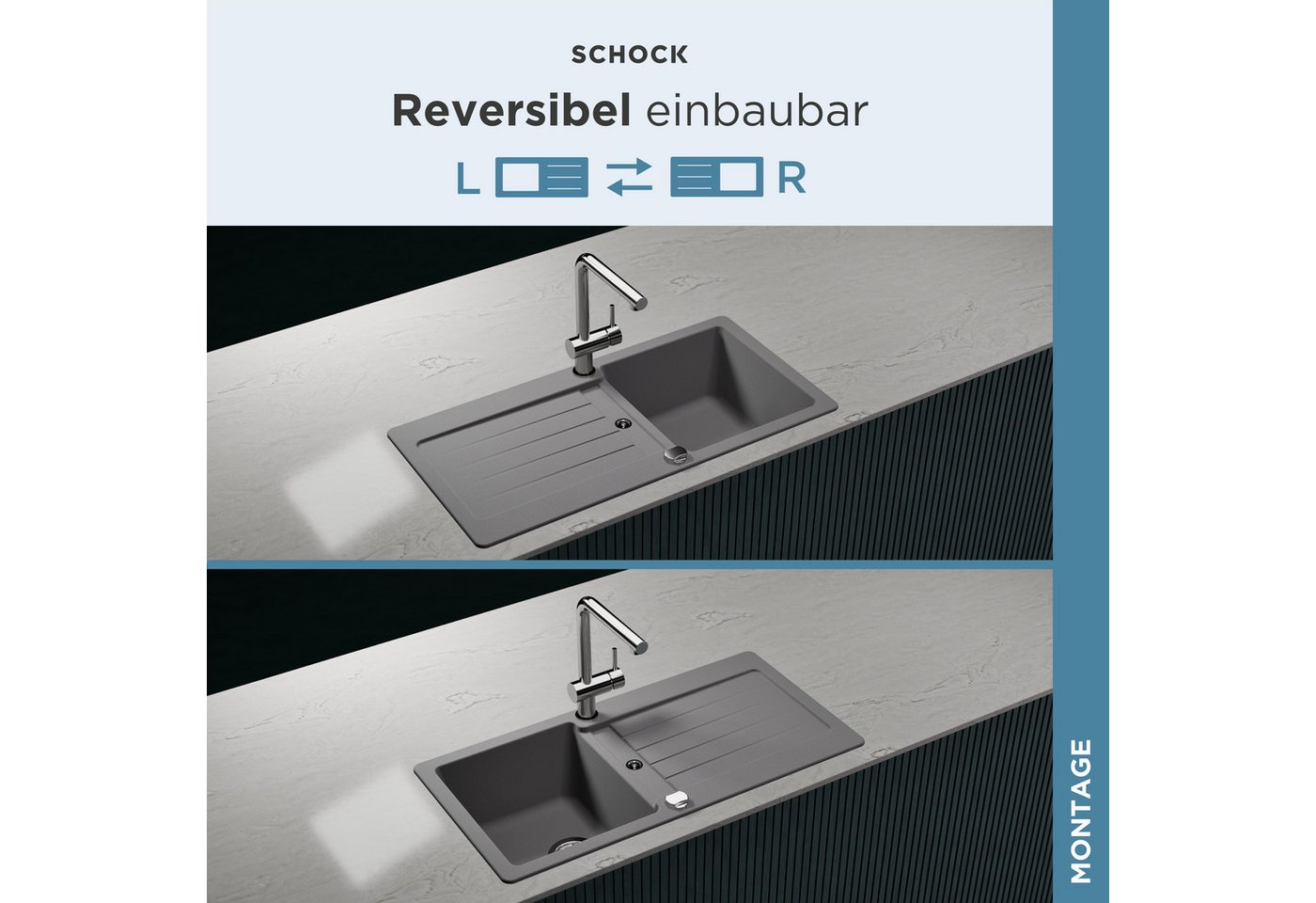 Schock Granitspüle Typos D-100 S, rechteckig, 86/43,5 cm, mit Ablauf und Abtropffläche, links und rechts einbaubar – Bild 5 von 5