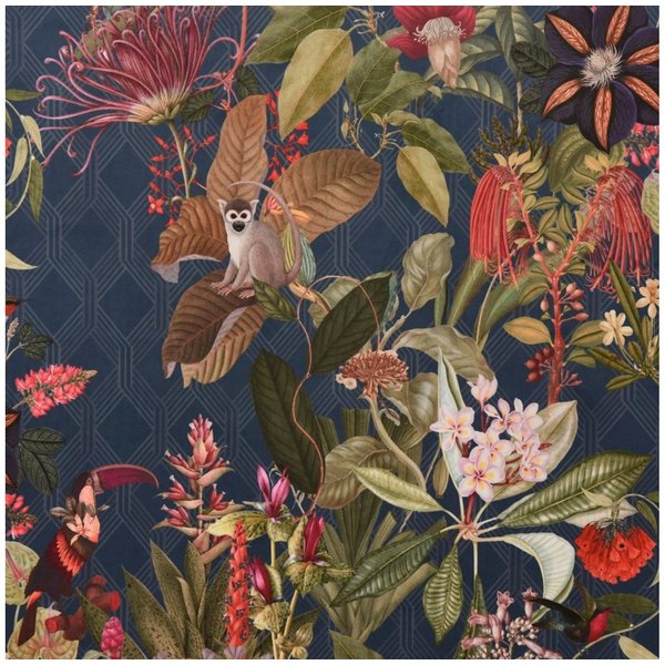 SCHÖNER LEBEN. Stoff Samtstoff Meterware Dekostoff Velvet Samt Dschungel Botanic blau 145cm, pflegeleicht