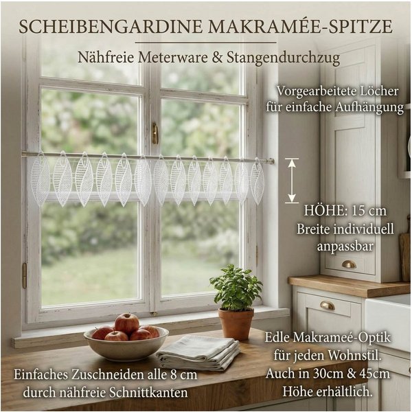 SCHÖNER LEBEN. Stoff Scheibengardinen Meterware Makrameé-Spitze nähfrei weiß 15cm Höhe, pflegeleicht