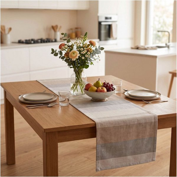 SCHÖNER LEBEN. Tischläufer Streifen 9,5cm creme beige braun grau, made in Germany,handmade