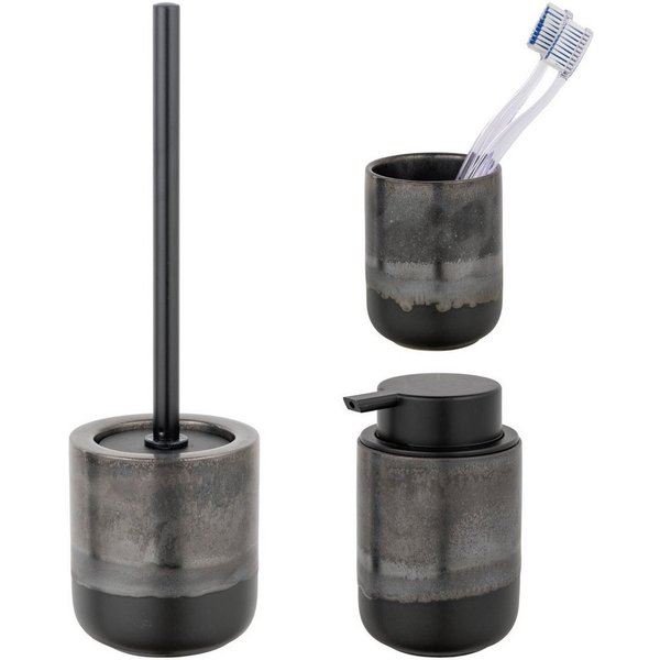 SCHÖNER WOHNEN-Kollektion Badaccessoire-Set »Riolo«, Set, 3 tlg., Zahnputzbecher, Seifenspender & WC-Garnitur, aus Keramik, Effektglasur