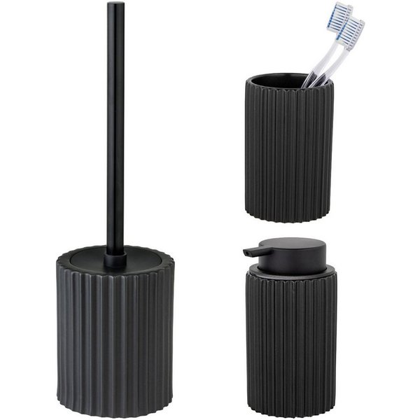 SCHÖNER WOHNEN-Kollektion Badaccessoire-Set »Soliera«, Set, 3 tlg., Zahnputzbecher, Seifenspender & WC-Garnitur, Keramik, Rillenstruktur