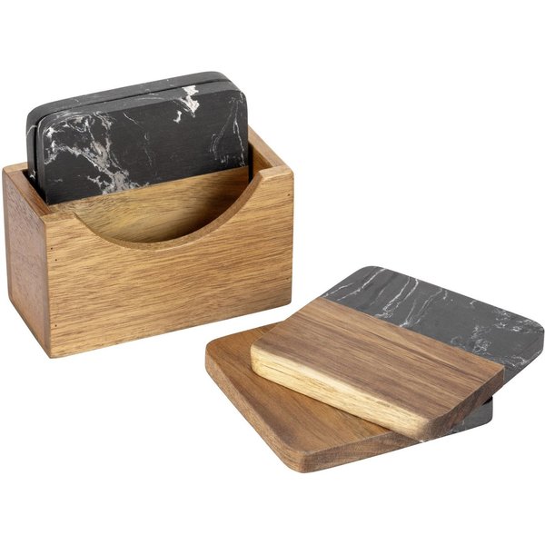 SCHÖNER WOHNEN-Kollektion Glasuntersetzer Atami, Set, 5-tlg., edle Getränkeuntersetzer aus Marmor & Akazienholz mit Halterung