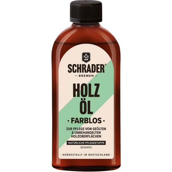 Schrader Holzöl Pflegeöl Farblos - 250ml, für geölten oder noch unbehandelten Holzoberflächen - Made in Germany
